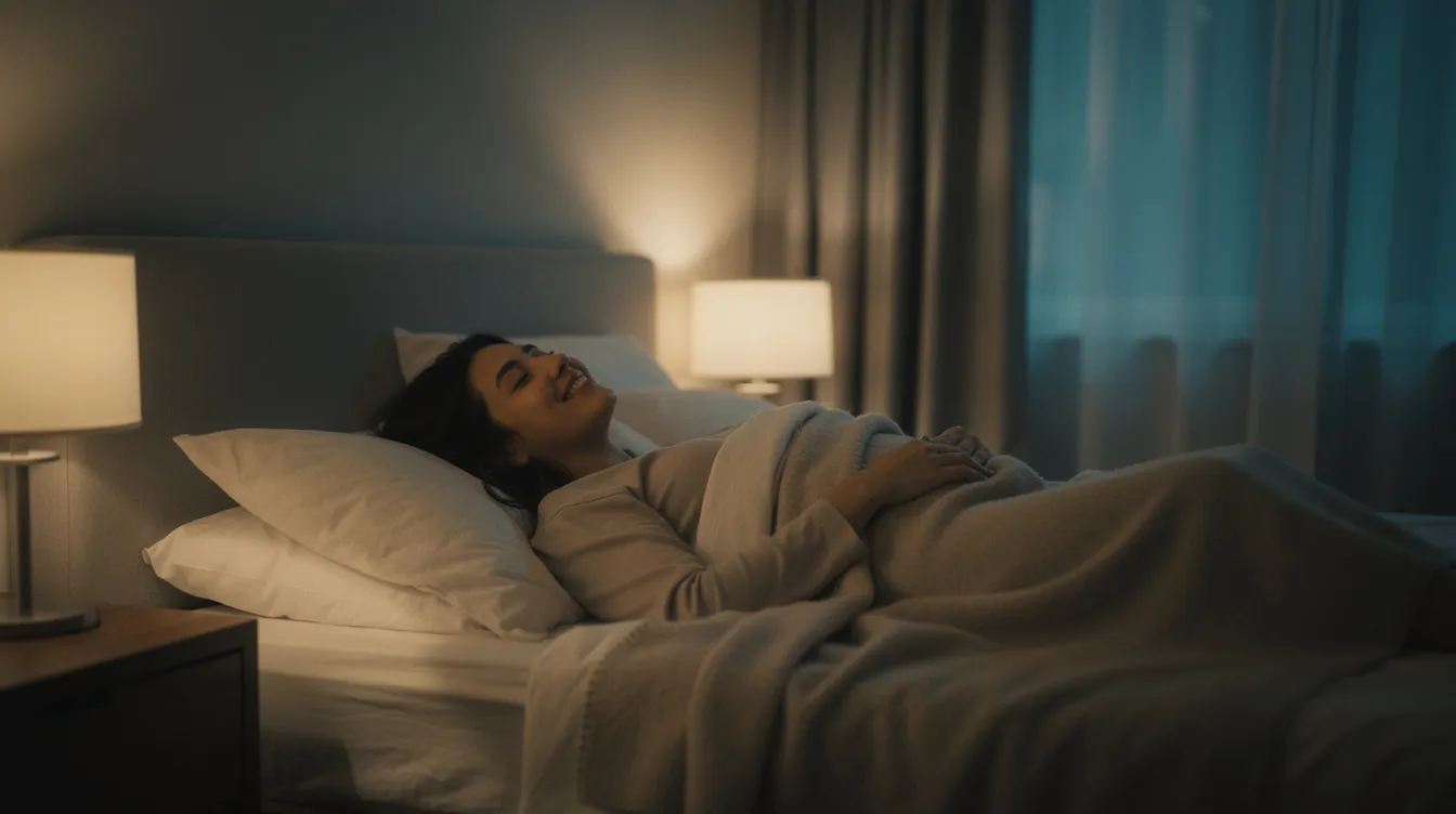 The image depicts a person lying peacefully in a dimly lit bedroom, surrounded by soft lighting that creates a calming atmosphere, ideal for practicing relaxation techniques to overcome sleep anxiety. This serene setting encourages restful sleep and promotes better sleep quality, helping to alleviate common sleep problems.