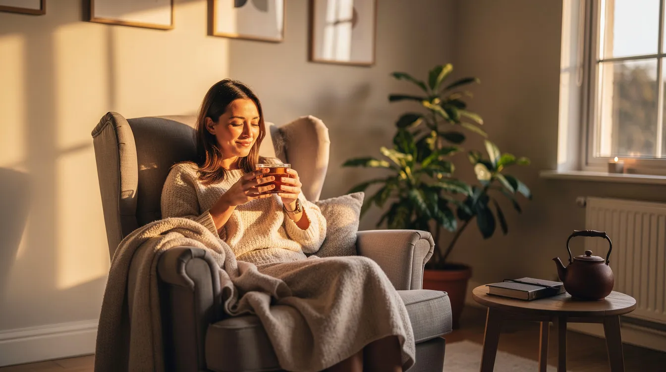 A person is comfortably relaxing in a cozy chair, holding a warm cup of tea in a calm, sunlit room, embodying a serene atmosphere perfect for unwinding. This peaceful setting contrasts with the complex legal landscape surrounding cannabis laws, such as the legal status of THCA in Colorado and its implications for medical marijuana patients.