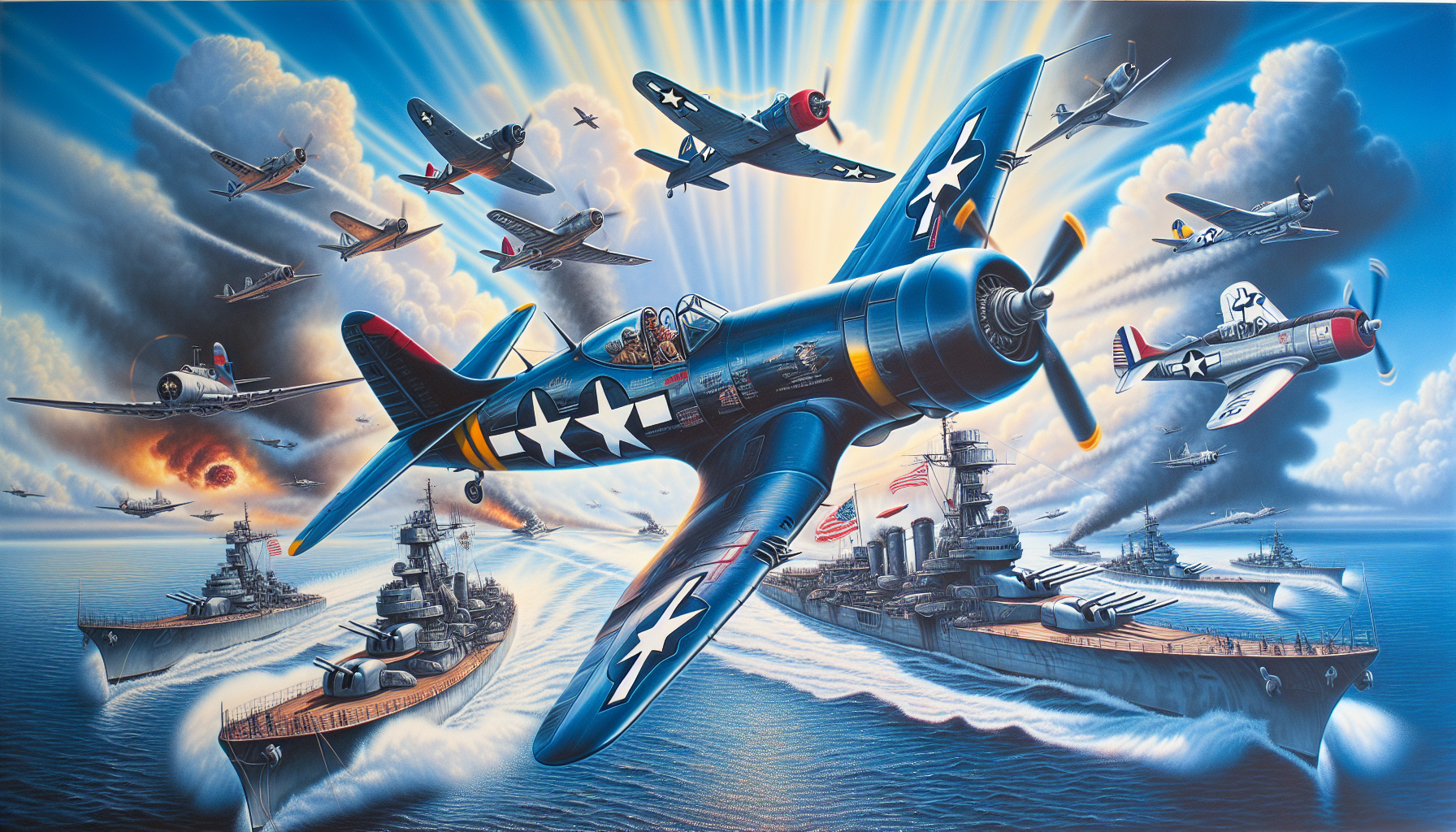 An artistic representation of historical naval aircraft, including the F4U Corsair and F6F Hellcat.