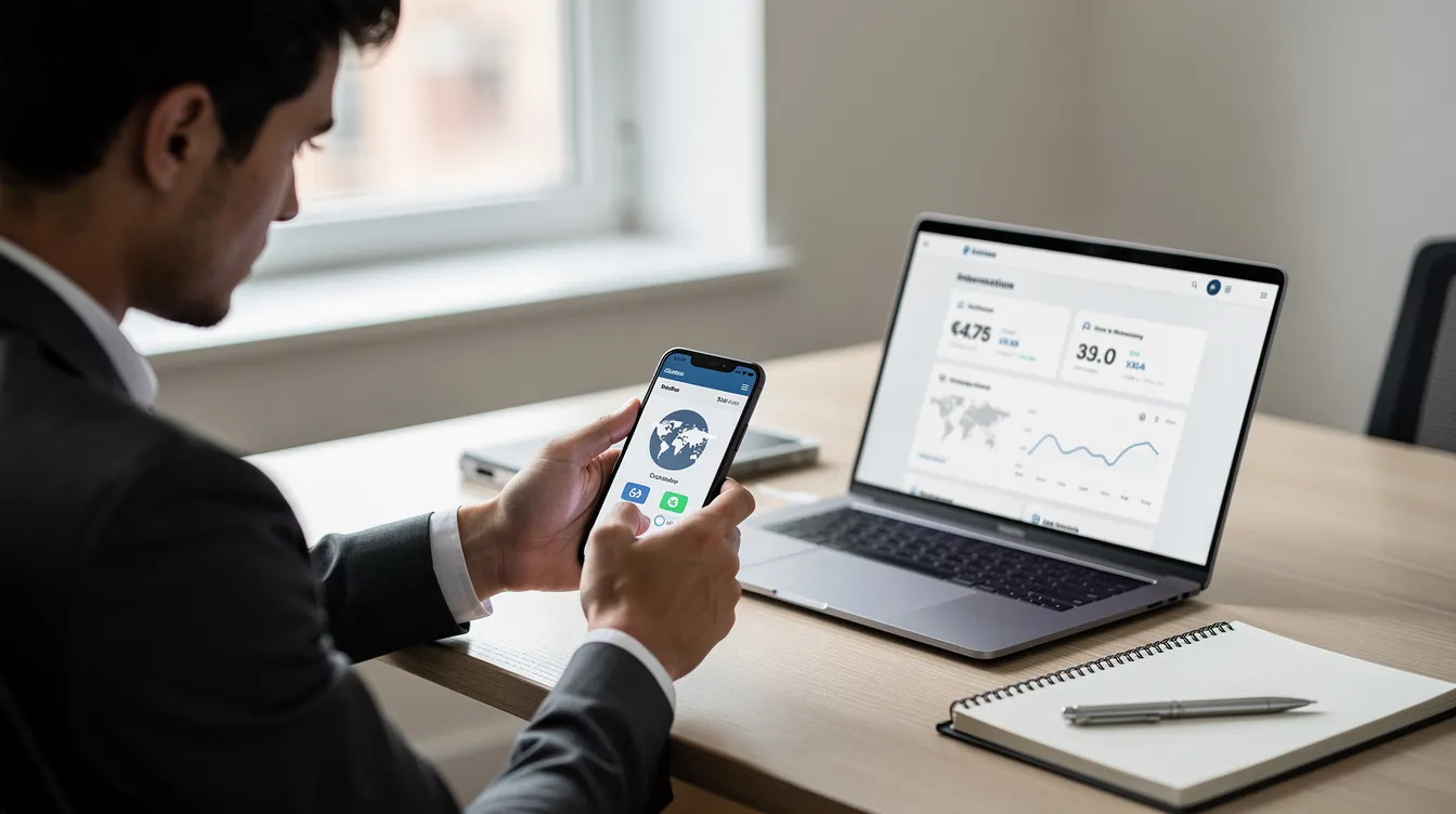 A person is seated at a desk, using a smartphone to initiate an international payment, while a laptop is open in front of them. The image illustrates the modern payment method in the context of the Indian financial system, highlighting the convenience of money transfers across borders.