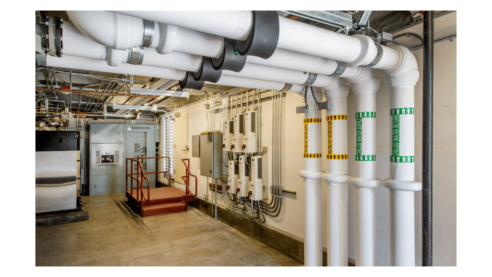 Mechanical room showing closed loop control system with labeled piping, control panel, and loop control components.