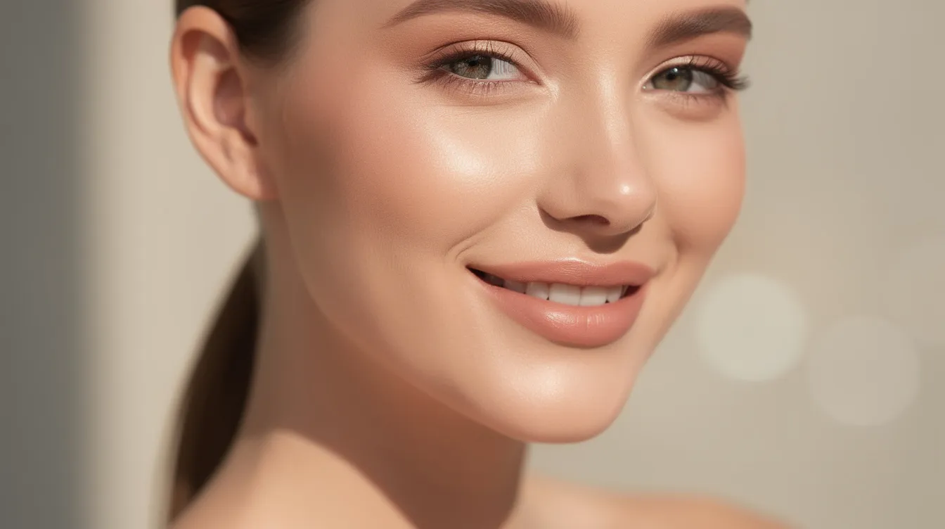 The image features a woman with smooth, glowing skin, smiling gently in soft natural light, showcasing her natural beauty and youthful appearance. Her relaxed expression highlights the effectiveness of aesthetic treatments, such as botox injections and dermal fillers, that contribute to her refreshed look.