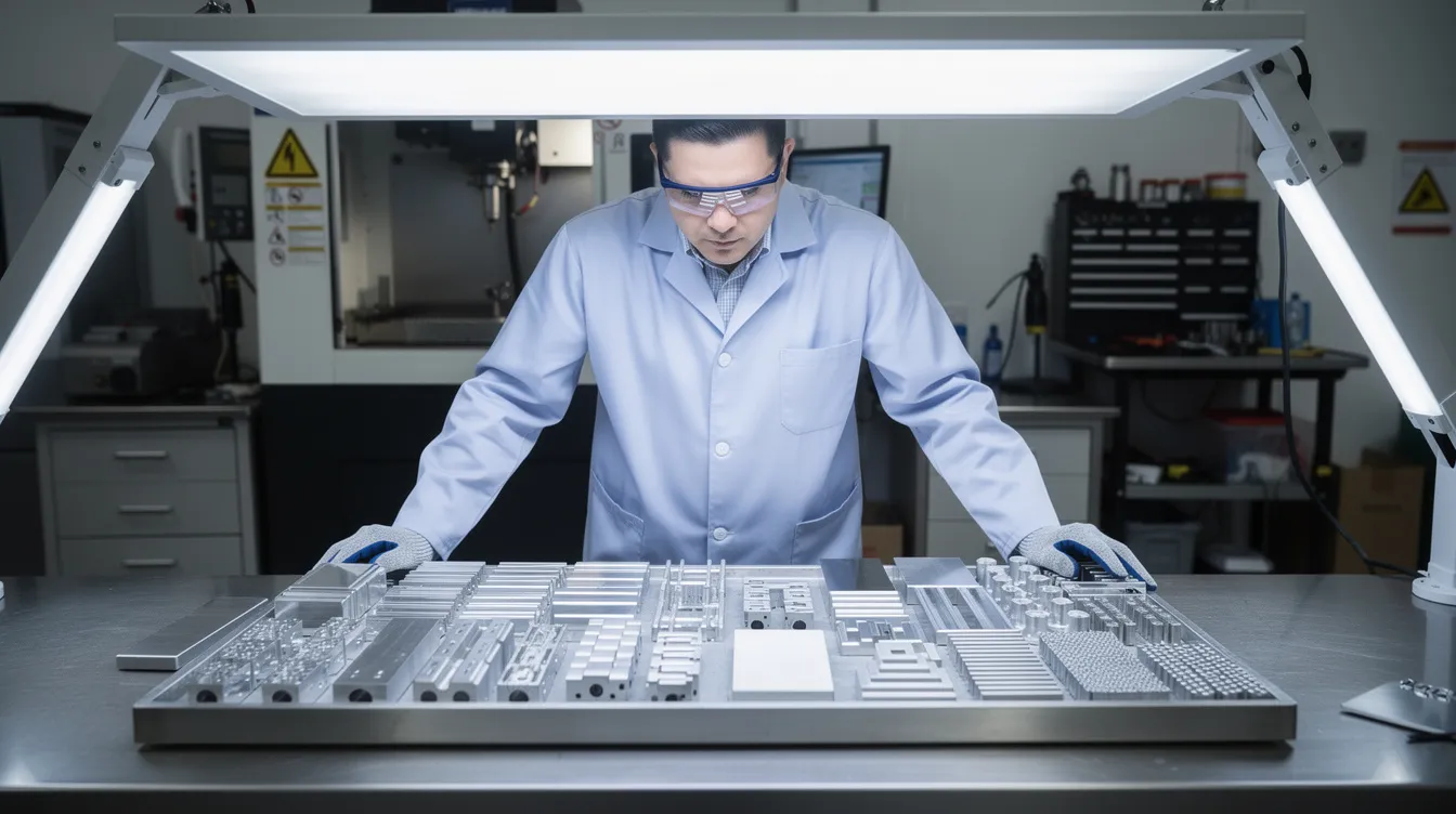 An engineer is inspecting a tray filled with precision aluminum components, showcasing various surface finishes that highlight the protective oxide layer. The bright inspection lighting emphasizes the thin surface layer, which is crucial for enhancing corrosion resistance through the passivation process.
