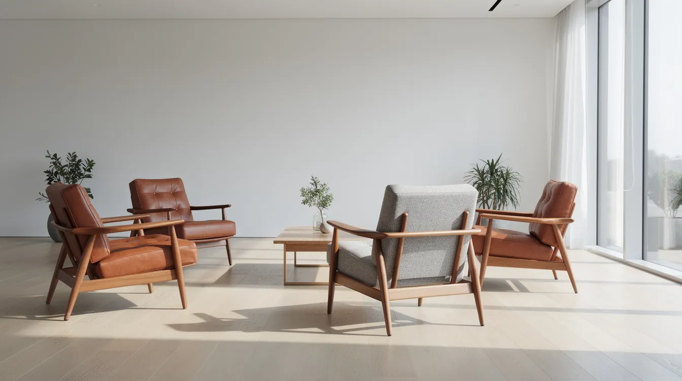 I en modern lobby med ljust trägolv och stora fönster står klassiska danska fåtöljer designade av Arne Jacobsen och Fritz Hansen. Dessa tidlösa stolar ger en elegant och stilren känsla som passar perfekt in i rummets inredning.