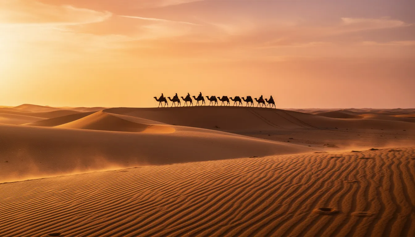 The image captures the stunning golden sand dunes of the Sahara Desert at sunset, with silhouettes of camels and travelers gracefully walking along a ridge, embodying the spirit of adventure in this beautiful landscape. The warm colors of the sunset create a magical atmosphere, inviting viewers to explore the serene beauty of the desert.
