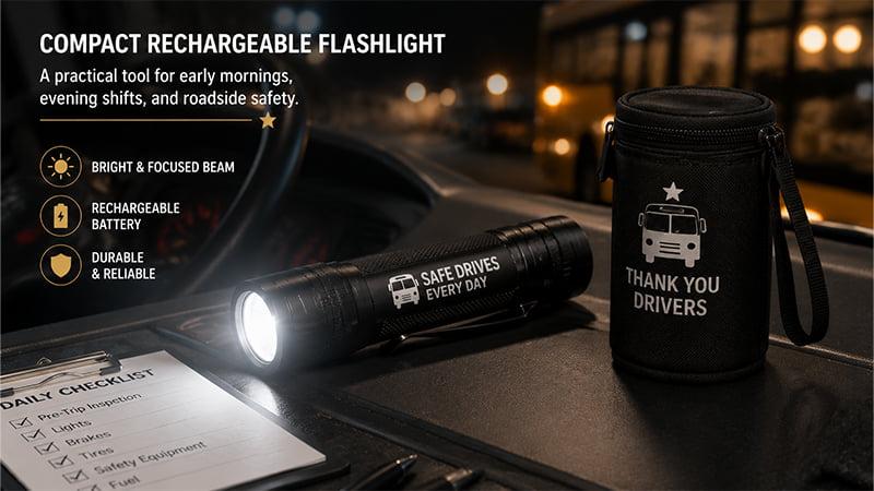 Compact rechargeable flashlight with a carrying case and pre-trip checklist for an evening bus route