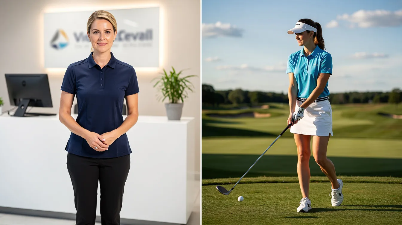 The image contrasts a professional woman at an office reception desk wearing a structured navy polo shirt, suitable for business casual settings, with a golfer on a sunny course dressed in a lightweight performance polo designed for active lifestyles. Both outfits showcase different styles of polo shirts, highlighting their versatility for various occasions.