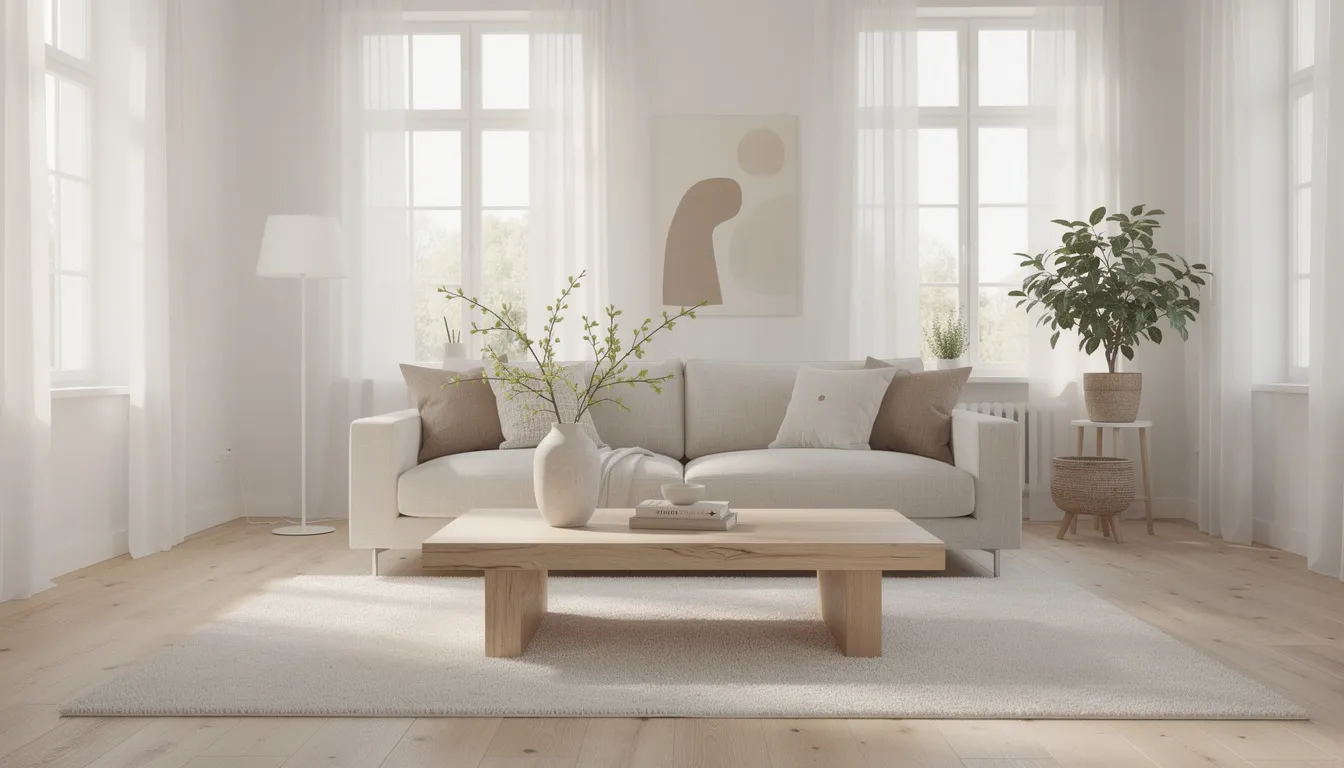 Ett ljust och modernt vardagsrum med en soffa i naturtyg och ett soffbord i ljus ek. Rummet erbjuder en inspirerande inredning som kombinerar stil och funktion, perfekt för hemmet.