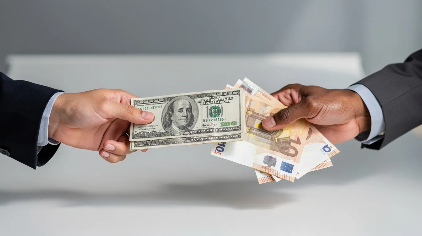 The image depicts two hands exchanging currency notes, symbolizing international money exchange. This visual represents the process of sending money across borders, highlighting the importance of better exchange rates and low fees offered by services like Canara Bank for international transfers.