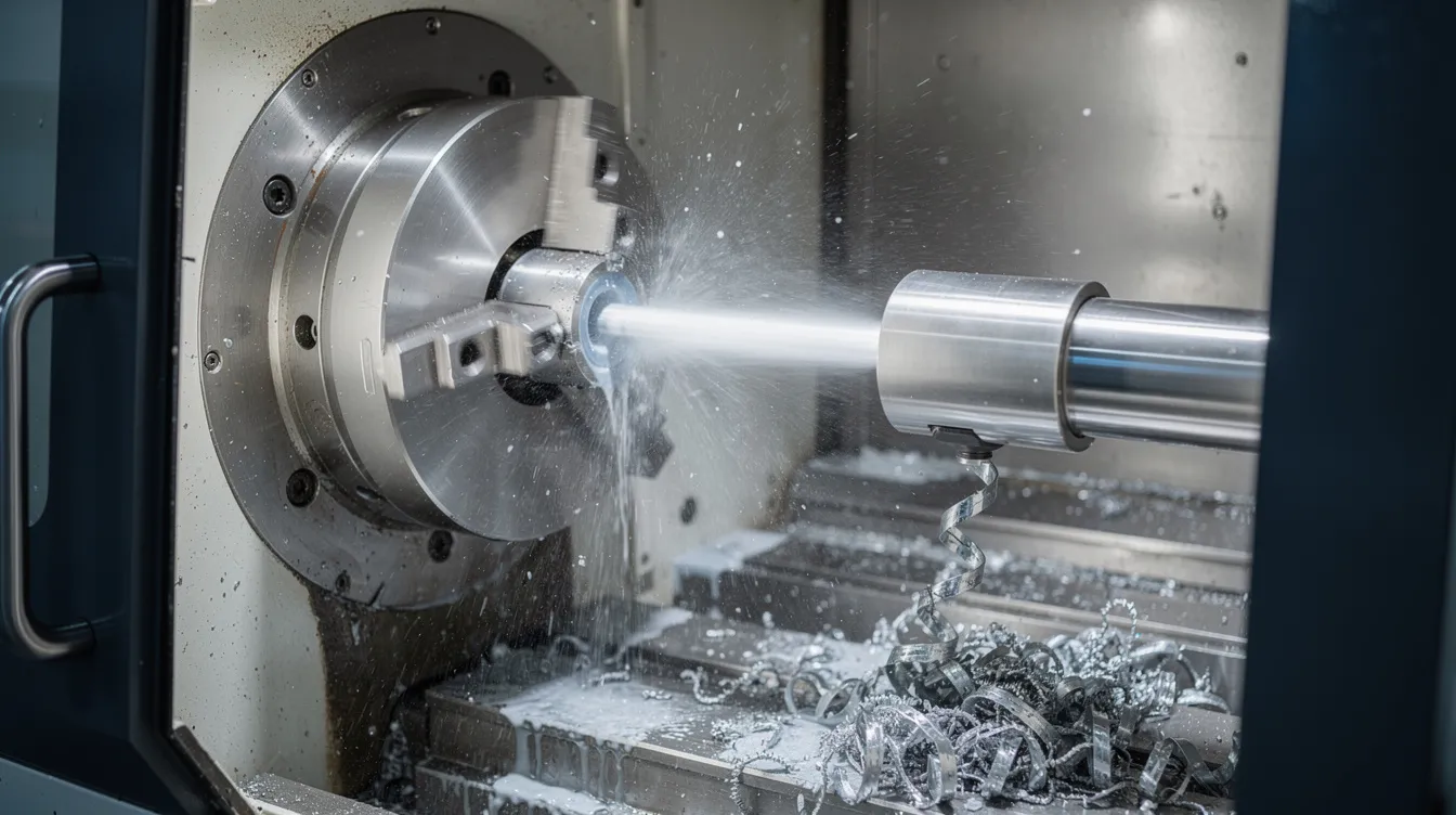 The image depicts a CNC turning center actively machining a stainless steel shaft, with coolant spray visibly cooling the process and metal chips scattered around the work area. This scene highlights the precision CNC machining process and the cutting-edge technology used in modern CNC machining services.