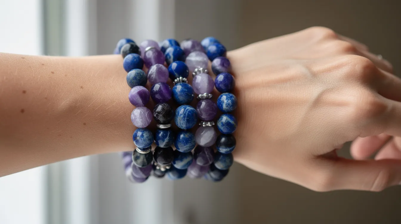 A person is wearing layered gemstone bracelets in various shades of blue and purple, featuring stones like blue topaz and amethyst, which are known for their unique benefits and healing properties. These semi-precious gemstones reflect the optimistic nature and adventurous spirit often associated with the Sagittarius zodiac sign.
