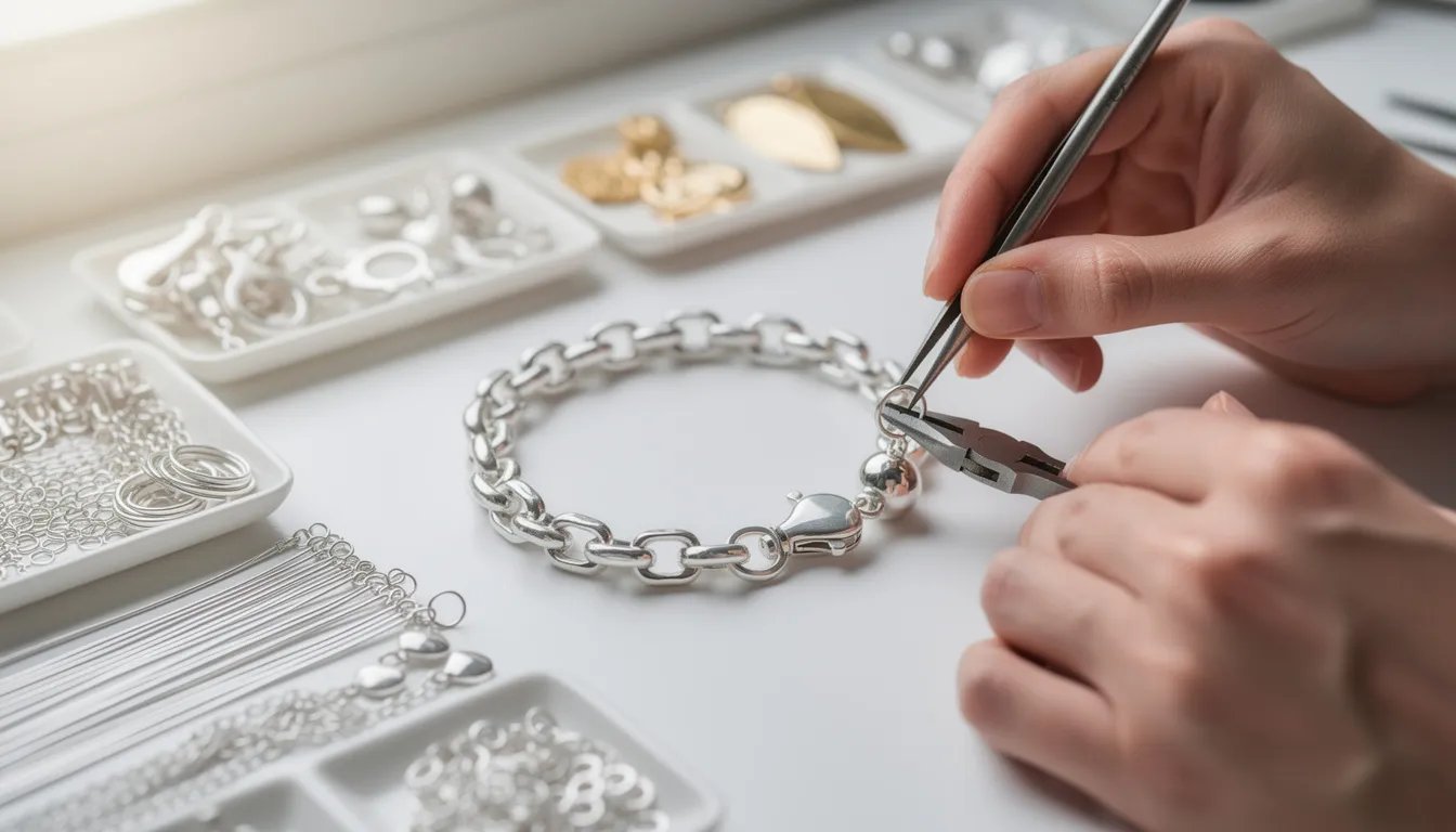 The image depicts a collection of charm bracelets made from sterling silver, showcasing a variety of chosen beads and charms that highlight their elegant designs. The bracelets are secured with quality clasps and chains, emphasizing their strength and versatility, perfect for special occasions or everyday wear.