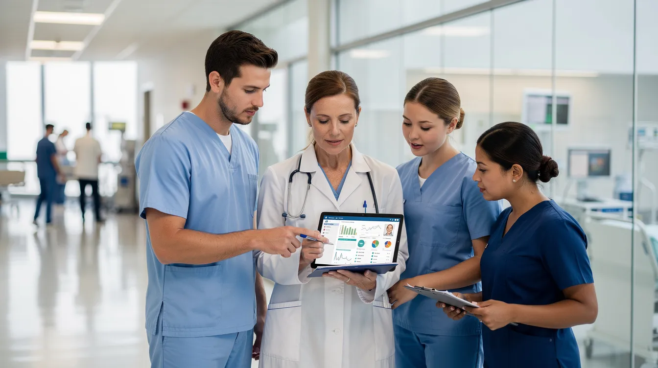 The image depicts a group of medical professionals in a hospital setting, intently reviewing patient information on a digital device. Their focus reflects the critical nature of assessing injuries, which is vital for car accident victims seeking medical attention and legal representation for personal injury claims.