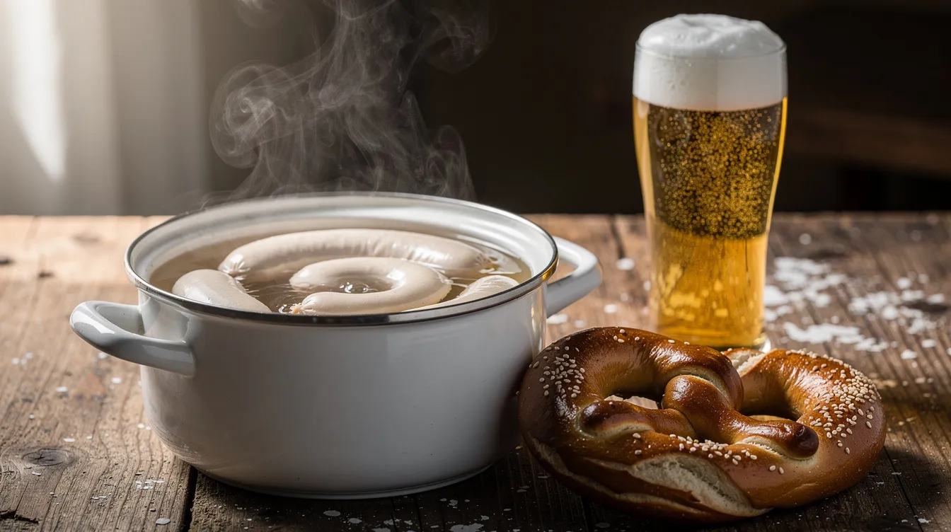Dampfende bayerische Weißwürste liegen in einem weißen Porzellantopf, umgeben von einer Brezel und einem Glas Weißbier auf einem rustikalen Holztisch. Diese traditionelle Spezialität ist ein Teil des bayerischen Weißwurstfrühstücks und wird oft mit süßem Senf serviert.