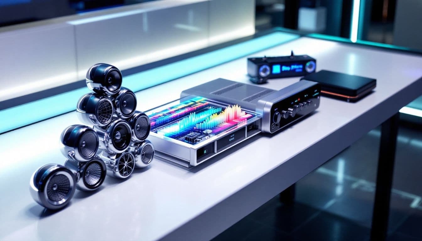 Essential tools for Dolby Atmos mixing displayed on a desk.