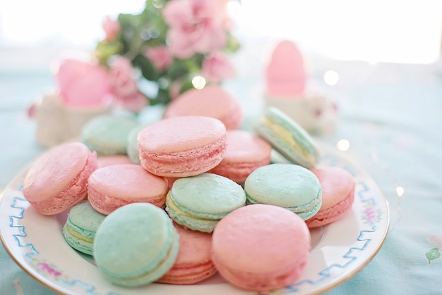 Macarons in a variety of colors for a baby shower.