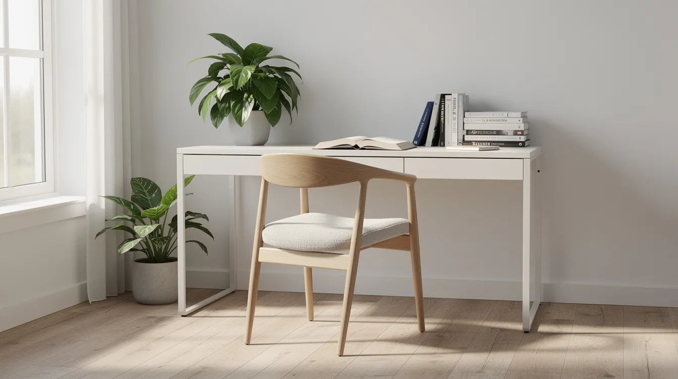 En dansk designstol i elegant stil, inspirerad av Arne Jacobsen och Fritz Hansen, står vid ett skrivbord i ett hemmakontor. I bakgrunden syns böcker och en grön växt som ger en fräsch touch till inredningen.