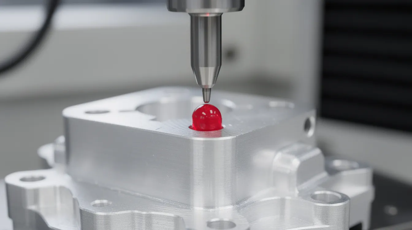 A CMM measurement probe is making contact with a precision machined aluminum part during a dimensional inspection, highlighting the importance of quality control in the CNC machining process. The setup emphasizes the critical nature of achieving tight tolerances and dimensional accuracy in manufacturing processes.