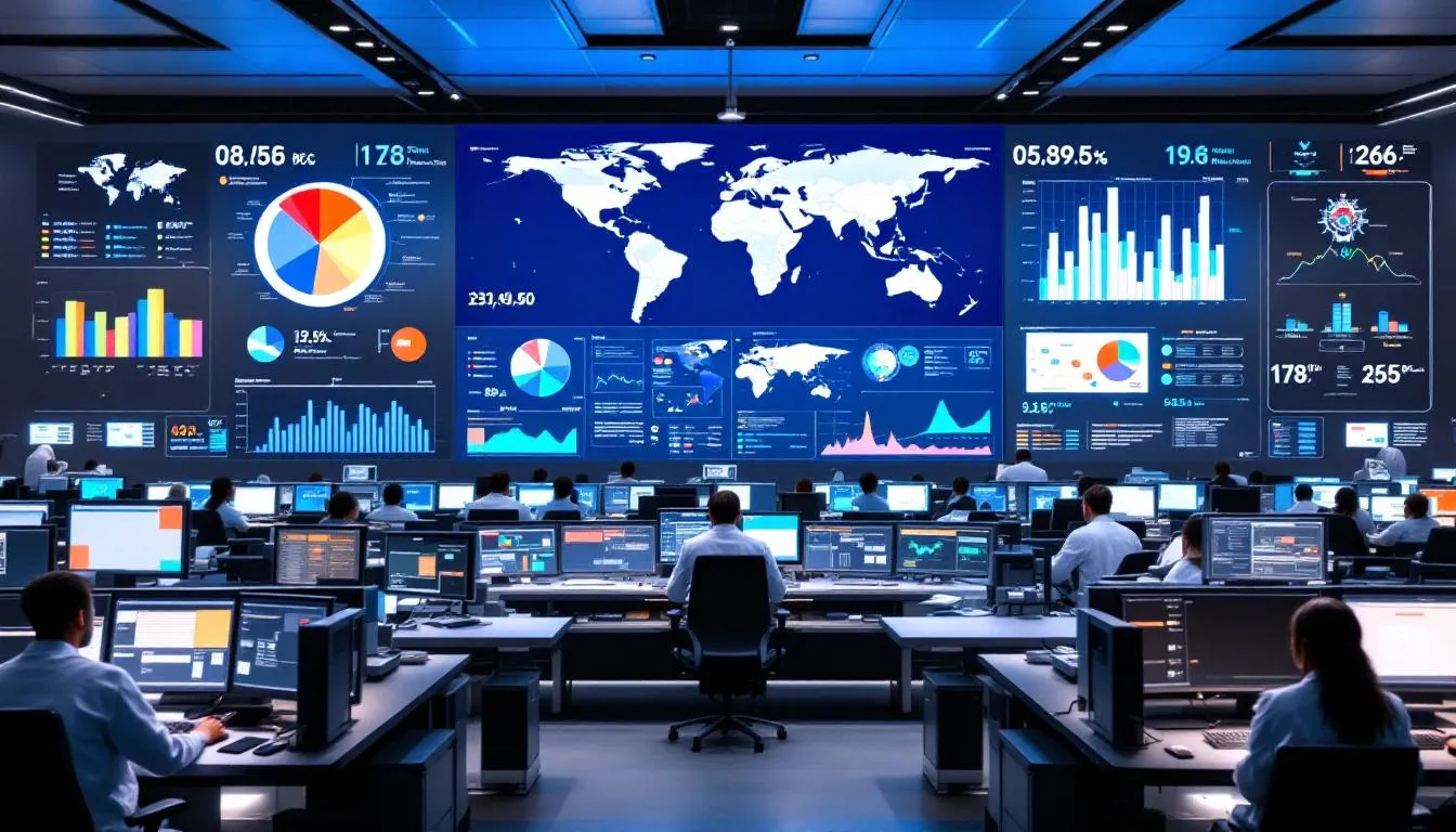 The image depicts a global health surveillance center with multiple monitors displaying real-time disease tracking data from around the world. This facility plays a crucial role in public health by monitoring infectious diseases and supporting public health professionals in their efforts to improve health outcomes and address major public health concerns.