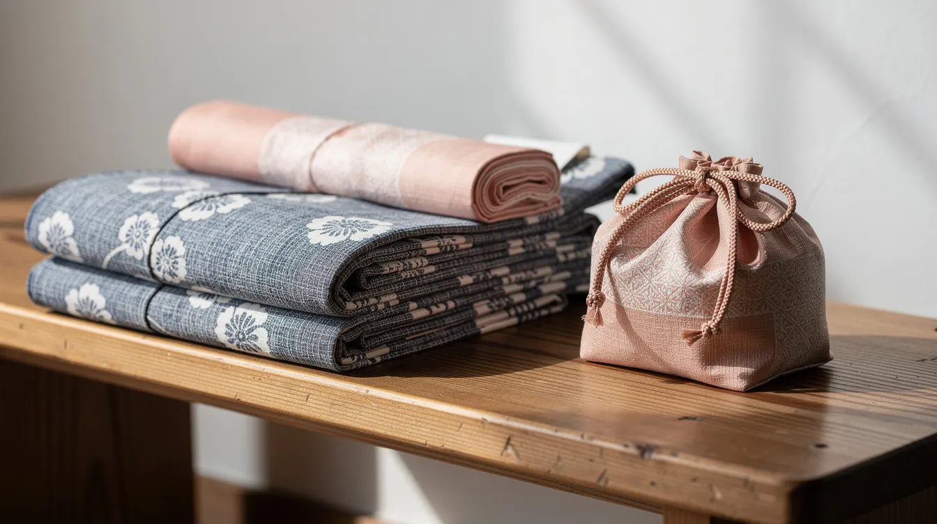 The image features a neatly folded yukata, a traditional Japanese garment, accompanied by a matching obi belt and a small drawstring bag, all resting on a wooden bench. This casual summer wear reflects the elegance of Japanese fashion, perfect for summer festivals and warm weather.