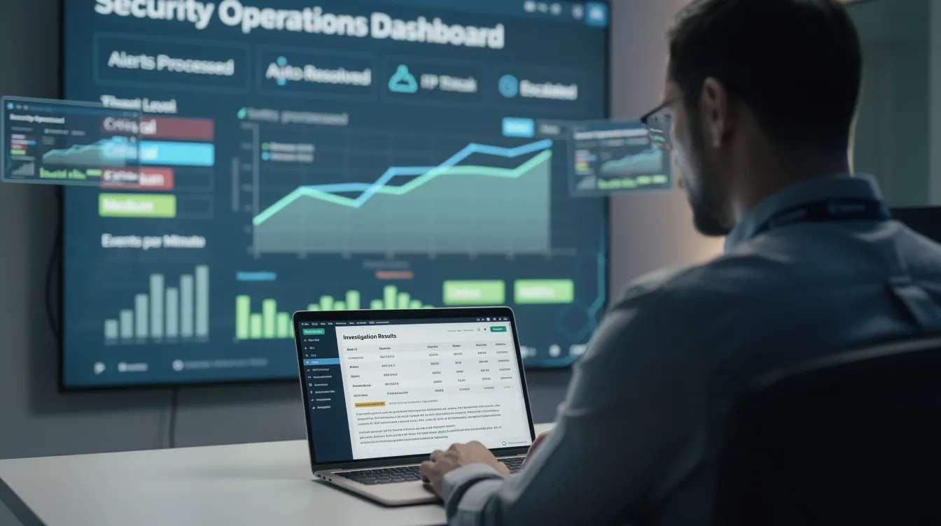 A security analyst is intently reviewing investigation results on a laptop, while a dashboard in the background displays metrics related to automated alert processing, highlighting the use of AI capabilities in security operations. The scene emphasizes the role of human analysts in conjunction with AI agents for effective security alert triage and autonomous investigation.