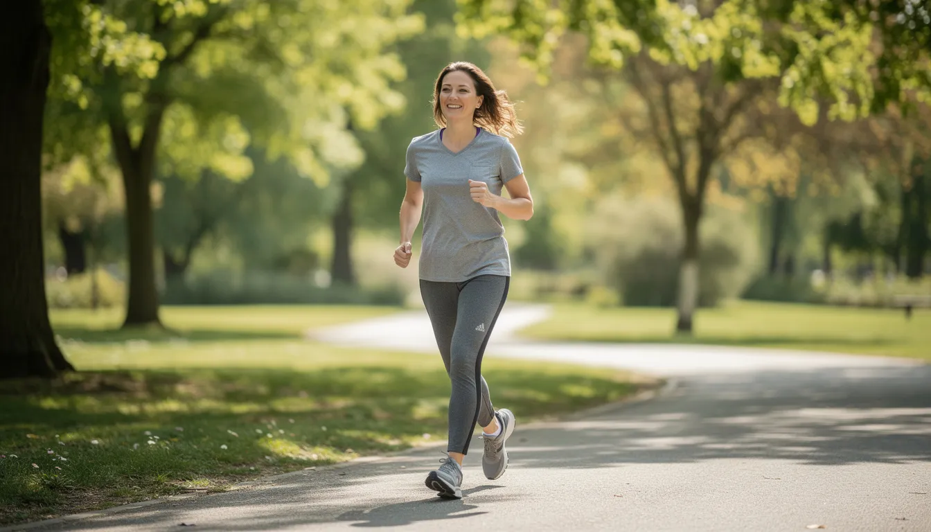 A person is walking briskly along a tree-lined path in daylight, exuding energy and comfort, which may reflect the benefits of nmn supplementation for improved energy production and mental clarity. This scene captures the essence of a healthy lifestyle, where regular exercise and stable energy contribute to overall well-being.