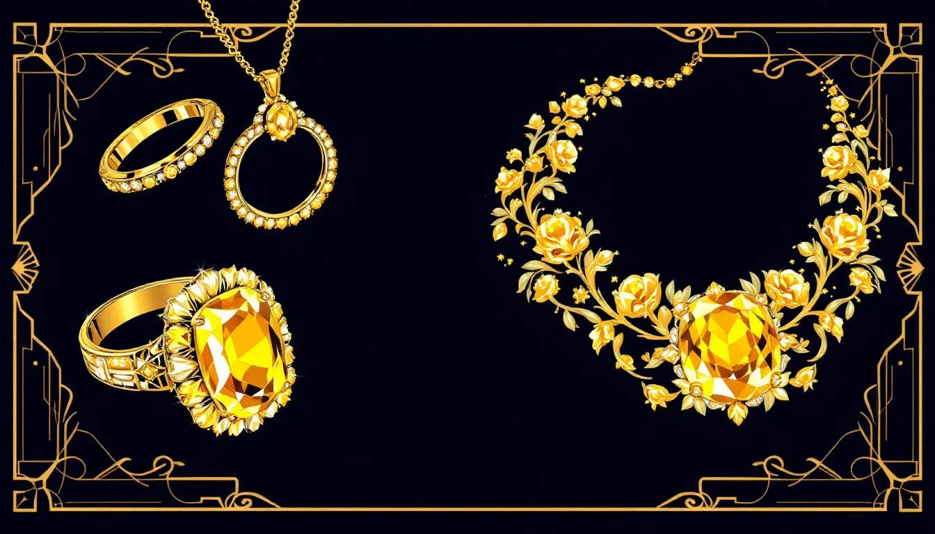 Citrine jewelry pieces including rings and necklaces.