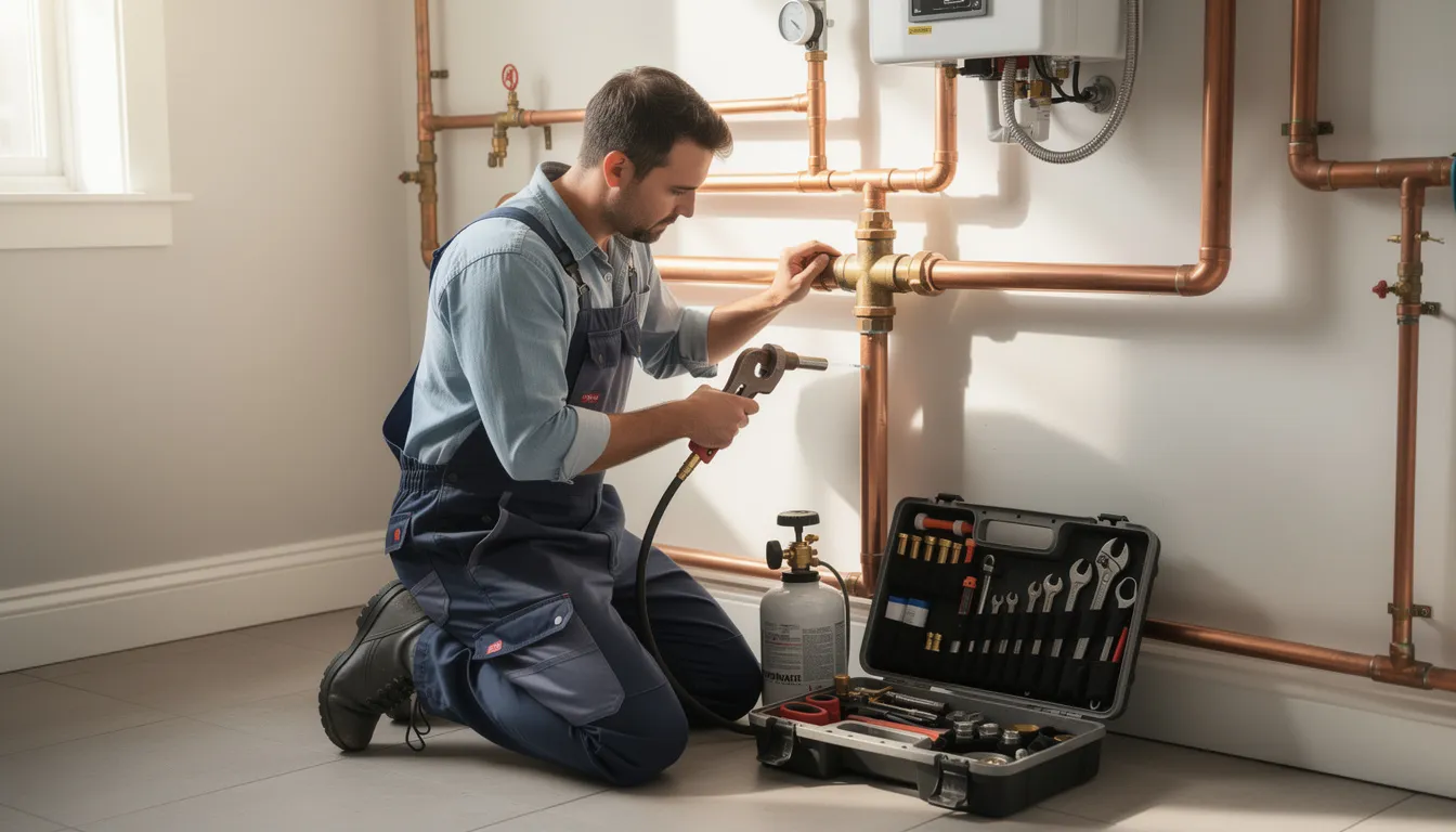 A professional plumber is seen working on copper pipes in a residential setting, using various tools to ensure the proper installation of a pressure reducing valve. The image captures the plumber focused on adjusting the valve to regulate incoming water pressure and prevent potential water damage in the home's plumbing system.