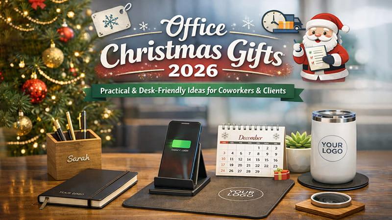 Office Christmas gifts 2026 branded desk set with mug, notebook, calendar, warm holiday lighting