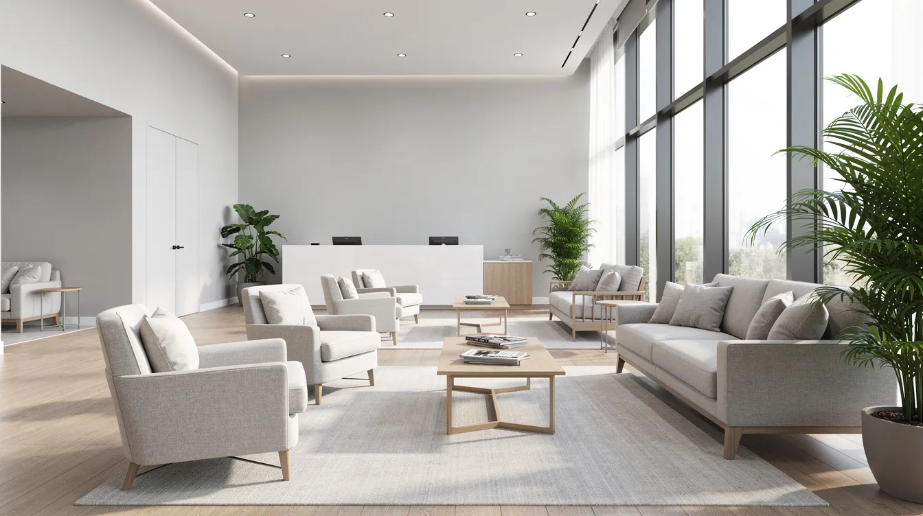 The image depicts a clean and modern waiting room featuring comfortable seating and ample natural light, designed for visitors attending a UKVCAS service point for visa and citizenship application services. This inviting space ensures a pleasant atmosphere for applicants as they prepare for their in-person appointments and document scanning services.