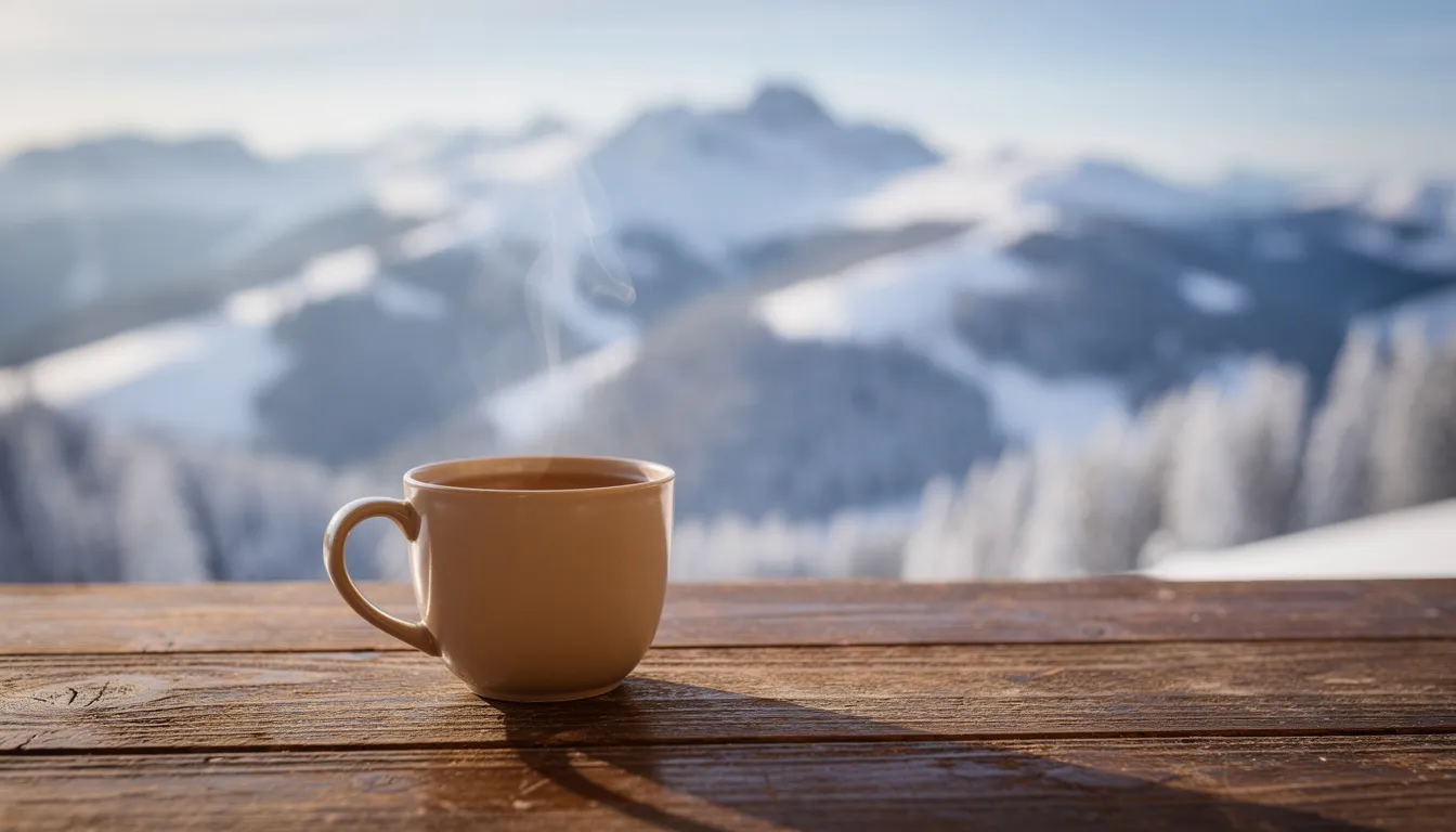Na drewnianym stole stoi kubek gorącej herbaty, a w tle widać zaśnieżone góry, które tworzą malowniczy krajobraz idealny dla miłośników sportów zimowych. To doskonała okazja, aby zaplanować wyjazd na narty w polskich górach, ciesząc się pięknymi widokami i świeżym powietrzem.