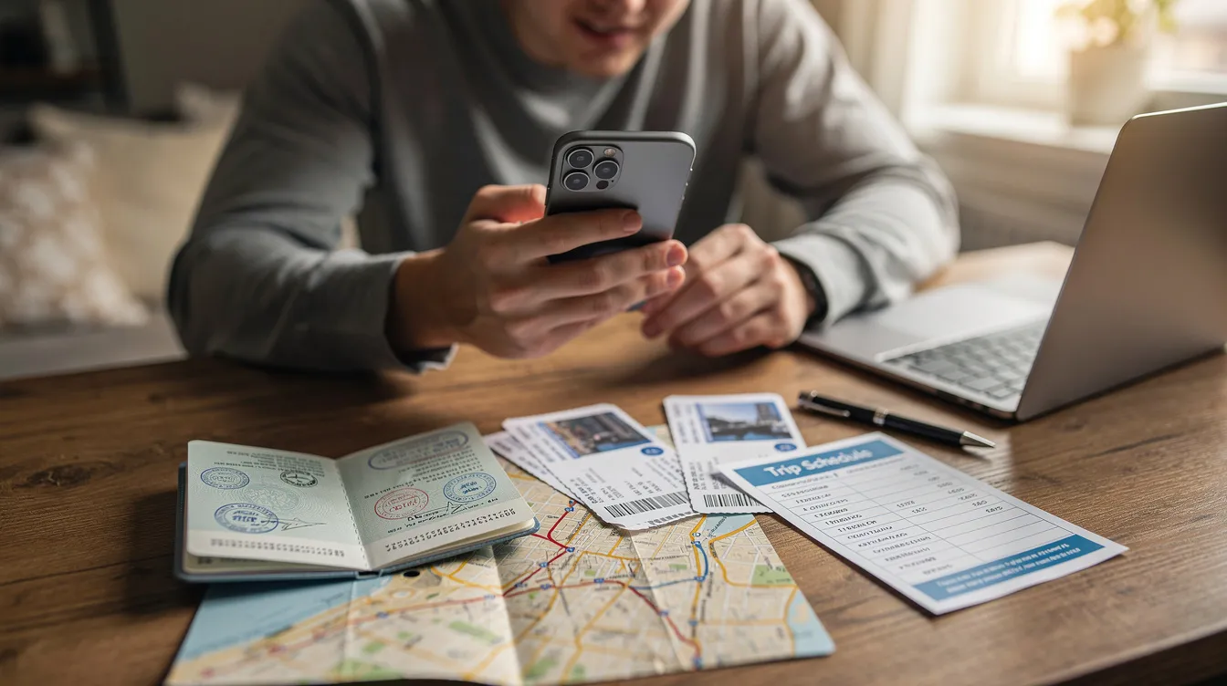 The image shows a person sitting at a desk, using a smartphone while surrounded by travel documents related to their UK skilled worker visa application. The documents likely include a certificate of sponsorship and information about eligibility requirements for skilled worker visa holders.