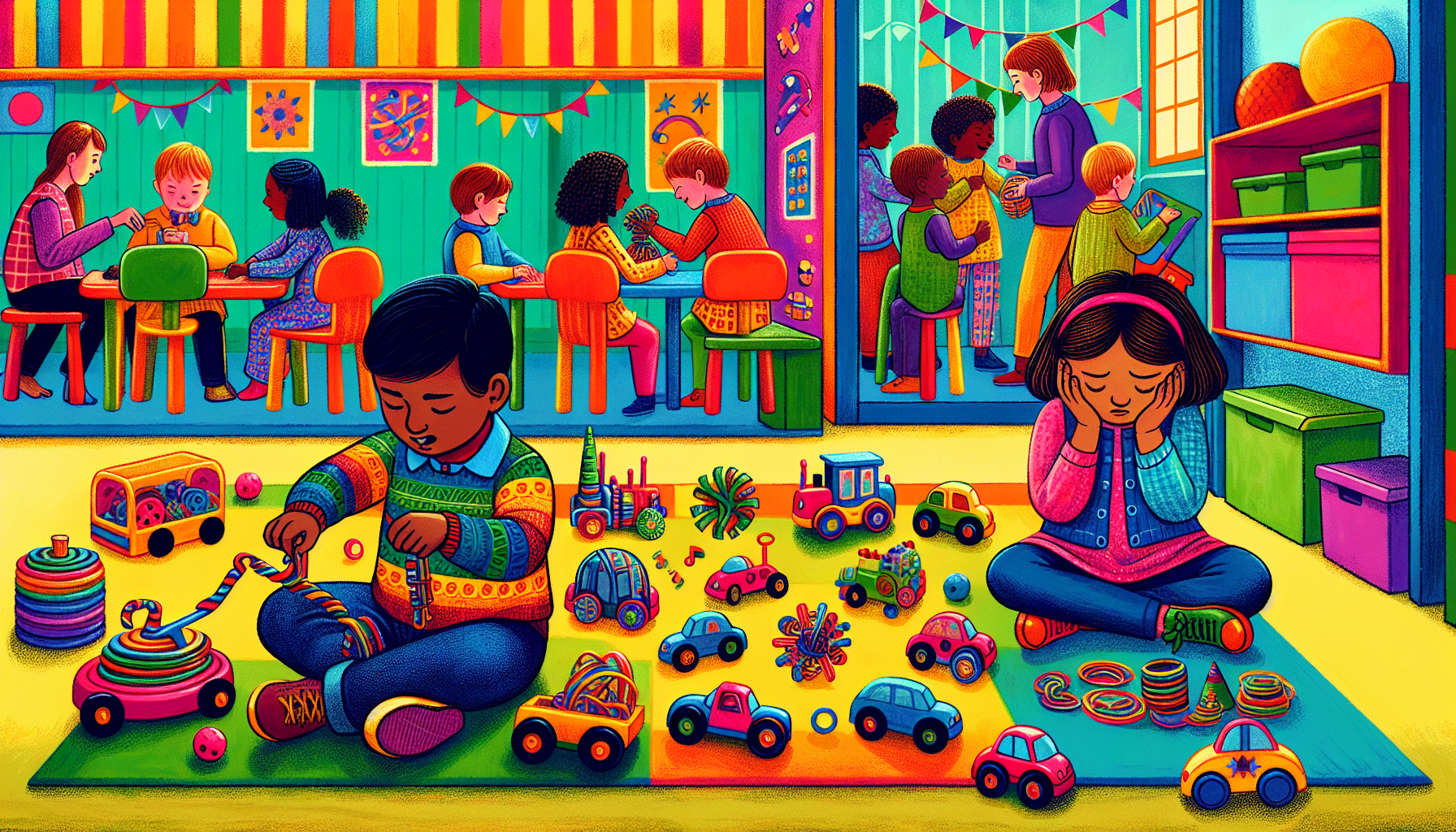 An illustration depicting behavioral patterns and sensory sensitivities in autistic children.