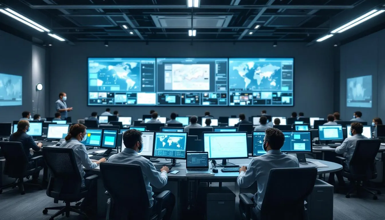 An emergency operations center is bustling with multiple staff members coordinating response activities for infectious disease outbreaks. They are focused on gathering actionable information and collaborating with health authorities, including the CDC and WHO, to manage current outbreaks and ensure public health safety.