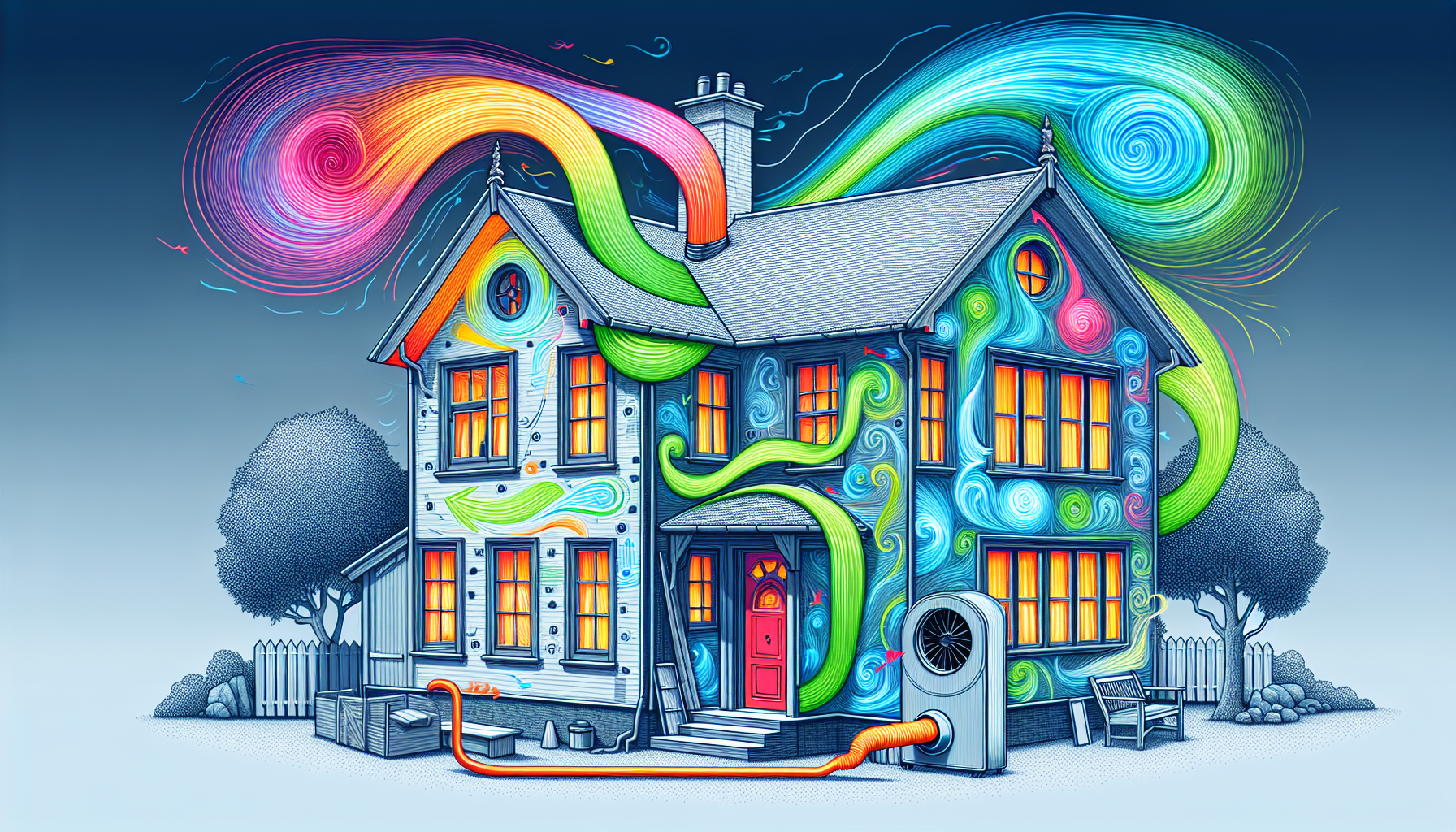 Illustration of a house with air flow lines showing air leakage points