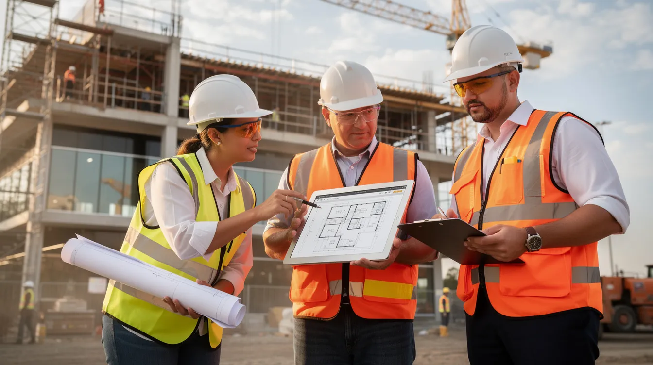 A group of construction professionals is gathered at a commercial building site, intently reviewing blueprints and plans on a tablet. This scene highlights the importance of effective construction management and planning, essential for successful construction projects and the growth of a construction company's online visibility in search engine rankings.