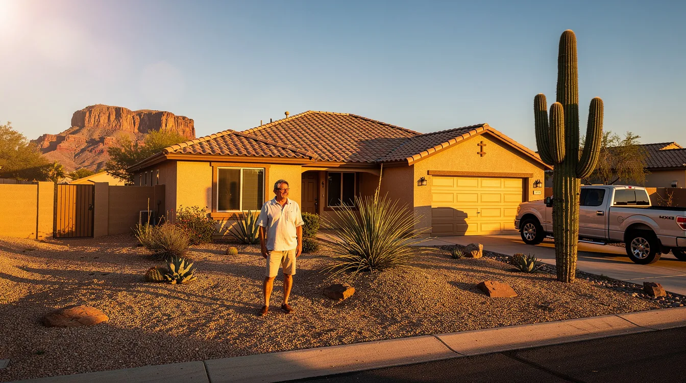 The image depicts an Arizona homeowner assessing a plumbing emergency in their home, with visible signs of water damage from a broken water supply pipe. A local plumber arrives to provide emergency plumbing services, ready to address the plumbing problems and prevent further damage.