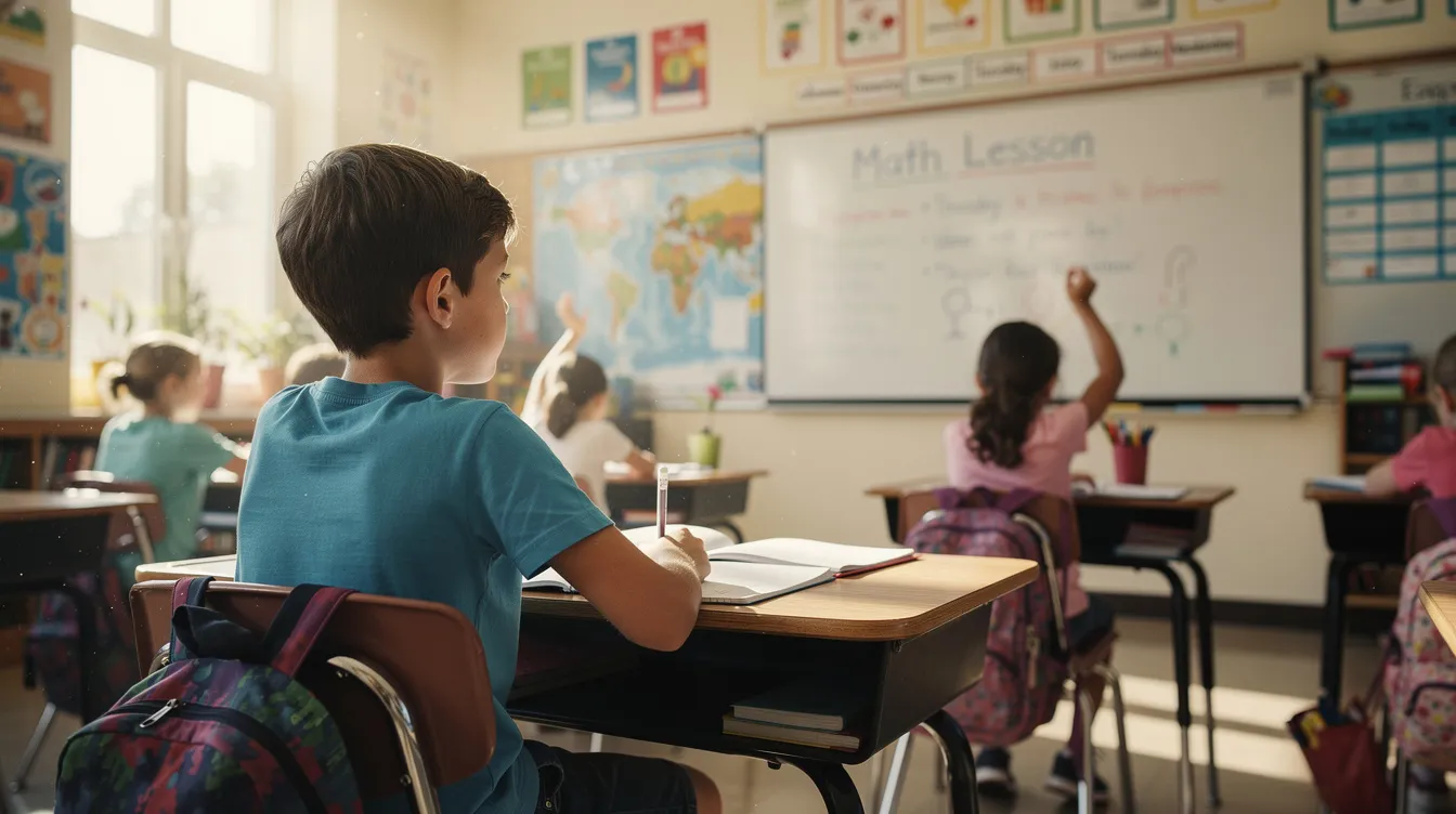 A child sits at a school desk, attentively looking at a whiteboard in a busy classroom filled with students engaged in various learning activities. This scene highlights the active learning strategies being employed to enhance students' focus and critical thinking skills in a supportive educational environment.
