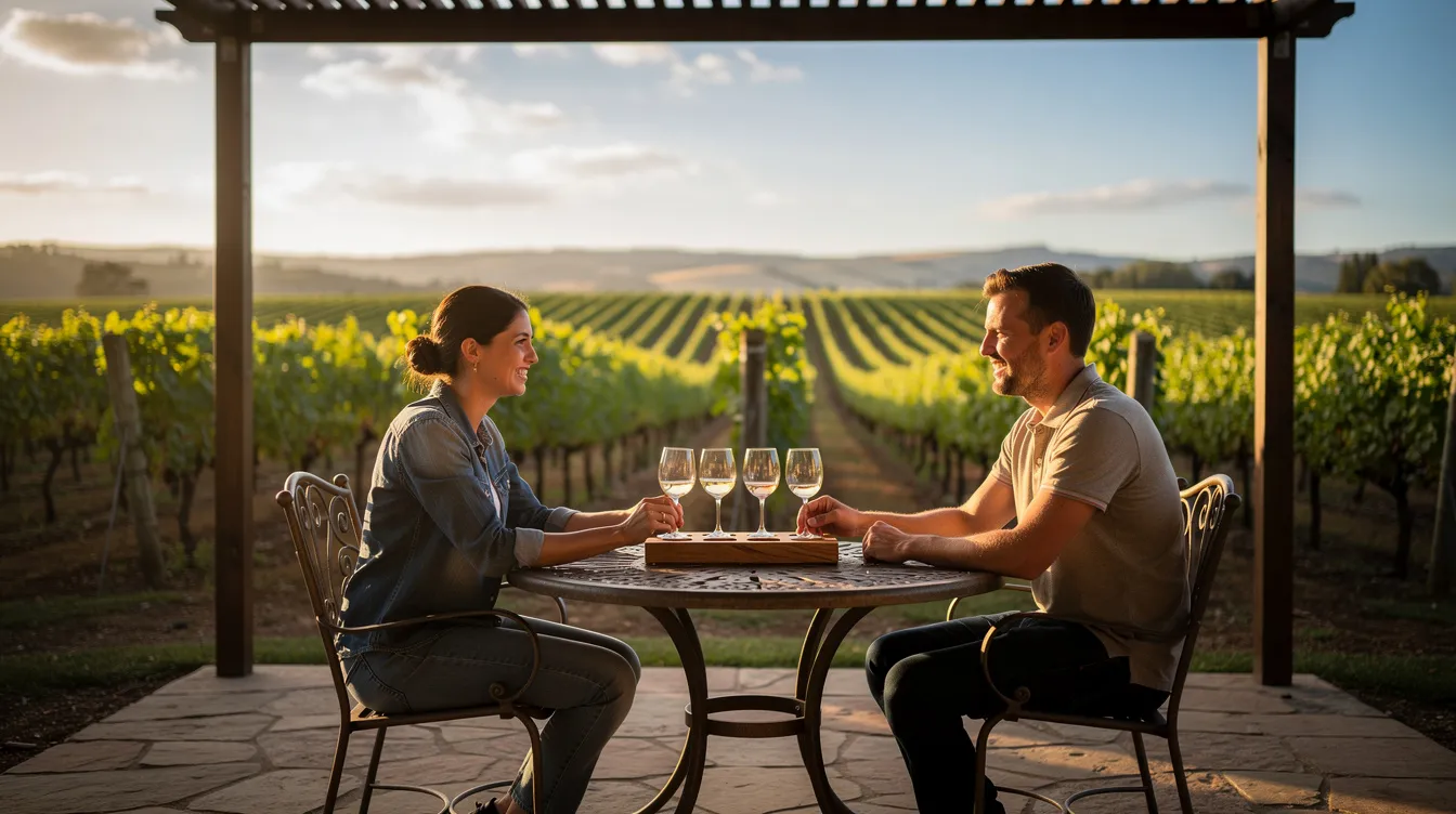 Two people are seated at a small patio table in a vineyard, enjoying a wine tasting experience with flight glasses in front of them, while a stunning view of green vines stretches to the horizon. This picturesque scene captures the essence of Clarksburg wine country, highlighting its rich agricultural heritage and the passion of local vintners.