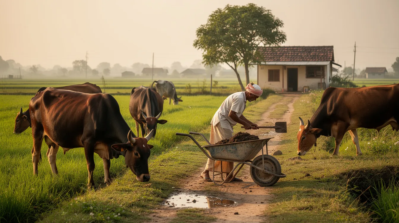 20d9bb42 ab62 4705 a287 ed8d89d4773c The image depicts a rural Indian dairy farm where cows graze in lush green fields, while a farmer collects cow dung in a wheelbarrow, highlighting sustainable farming practices. This scene emphasizes the importance of cow dung as a valuable organic fertilizer and renewable resource for eco-friendly products.