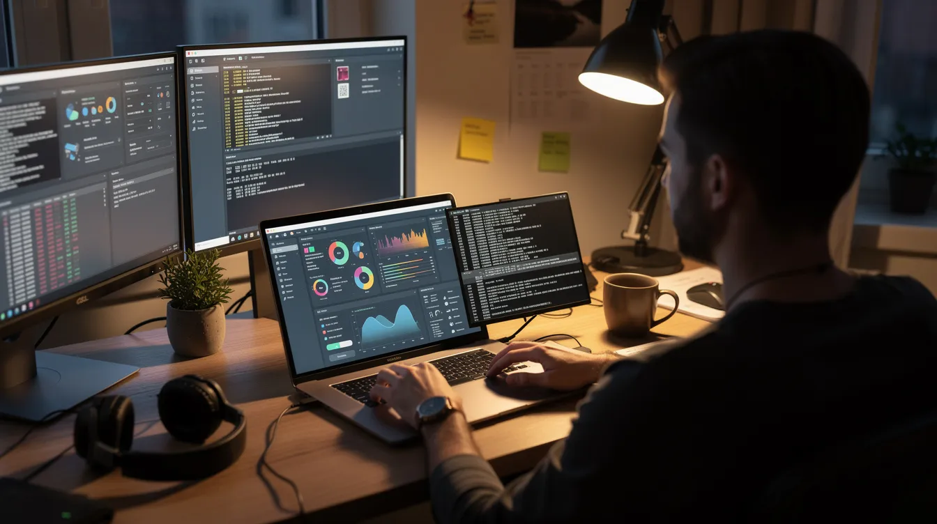 A person is seated at a desk in a home office, focused on a laptop displaying multiple virtual machines running various cybersecurity tools. This setup illustrates the practical application of skills gained through certificate programs or degree programs in the field of cybersecurity, highlighting the importance of hands-on experience for aspiring professionals.