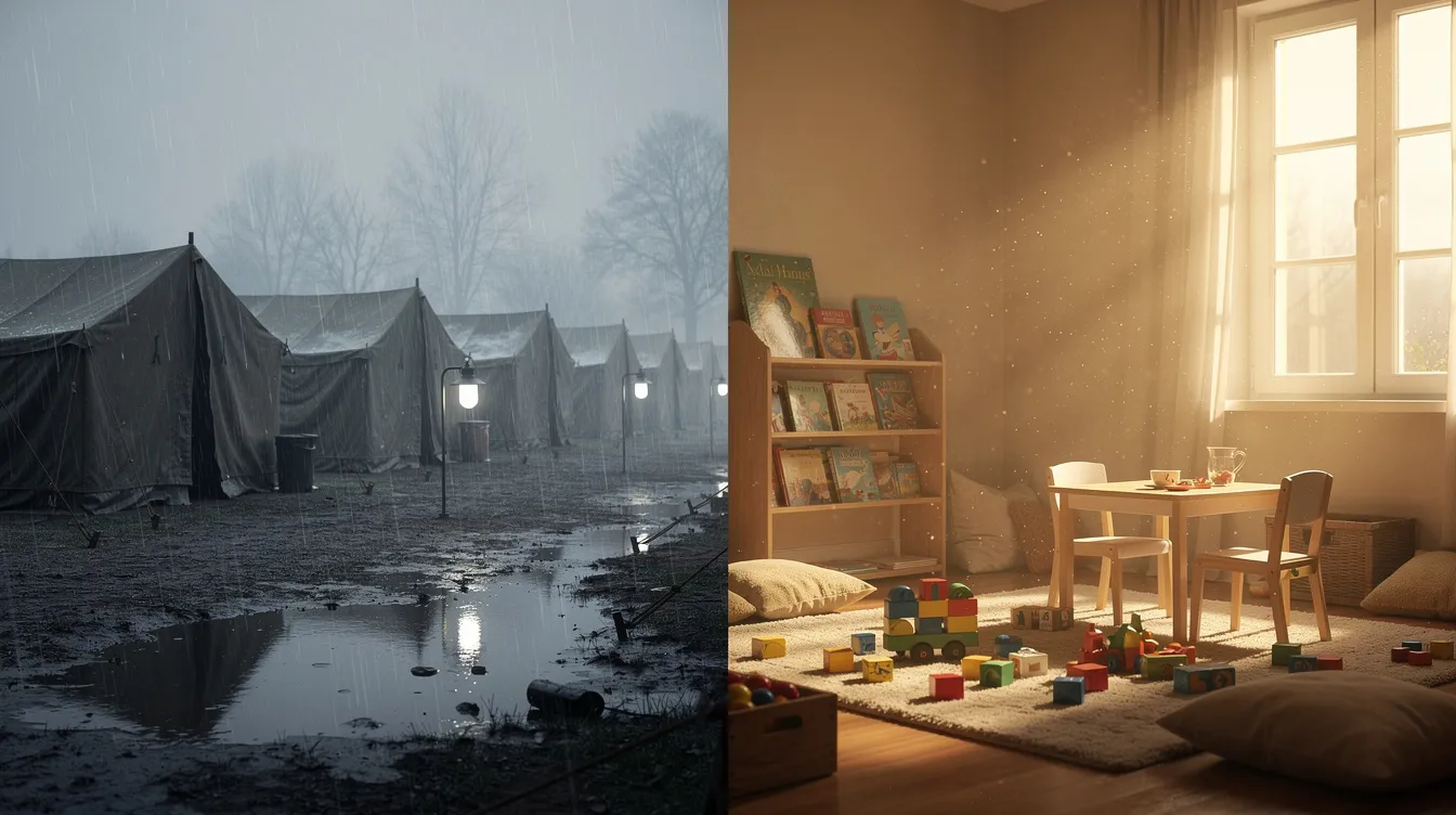 Das Bild zeigt eine geteilte Szene: Links ist eine kalte, grau-blaue Umgebung mit Militärzelten, die im Regen stehen, während rechts ein warmer, goldfarbener Raum mit einer Kinderspielecke und Sonnenlicht durch ein großes Fenster erstrahlt. Diese kontrastierenden Atmosphären erinnern an die Themen von Science-Fiction-Dramen, in denen Begegnungen zwischen Menschen und außerirdischen Wesen im Mittelpunkt stehen.