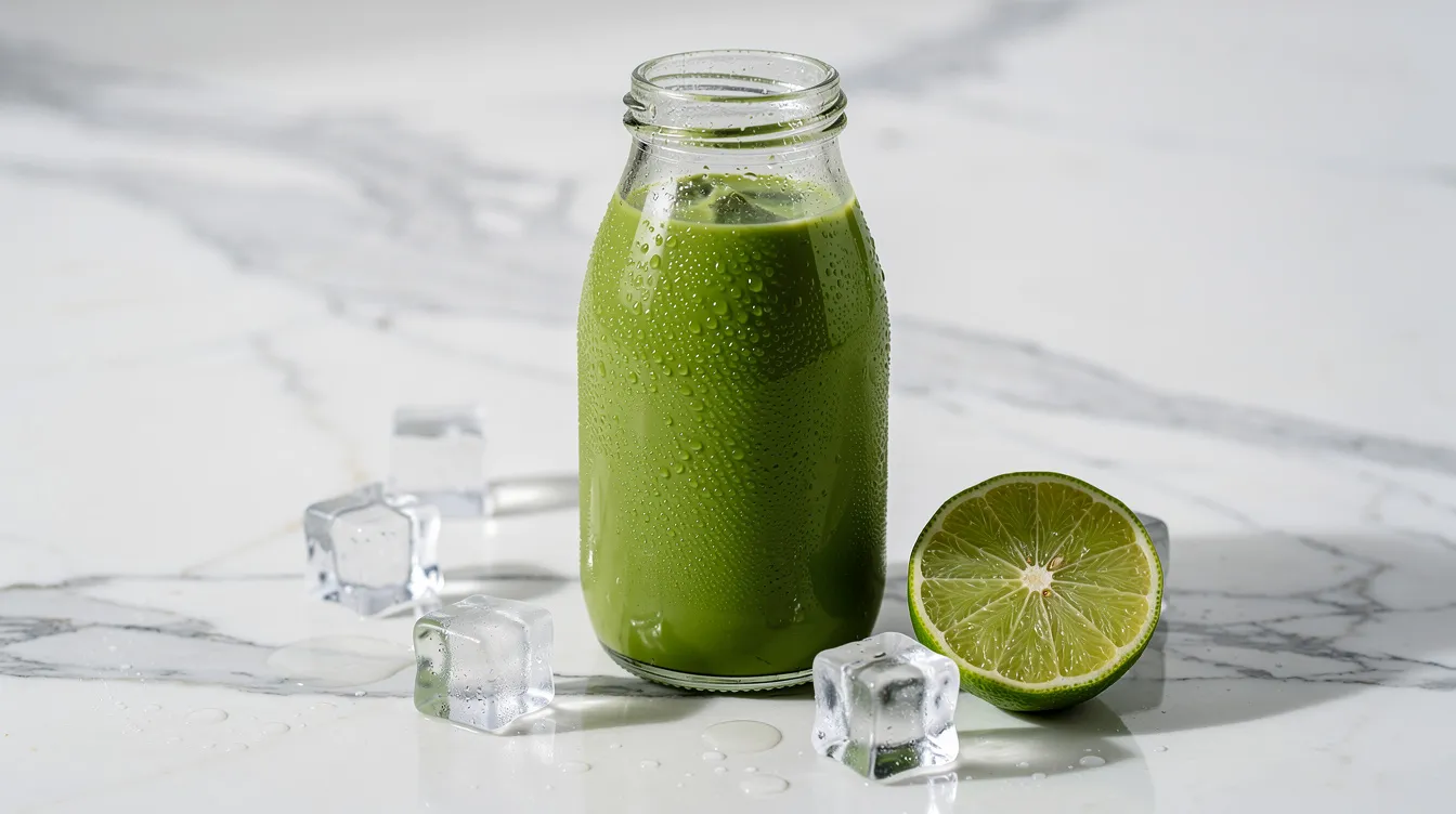 Szklana butelka z zieloną matchą na zimno, kostkami lodu i plastrem limonki na marmurowym blacie.