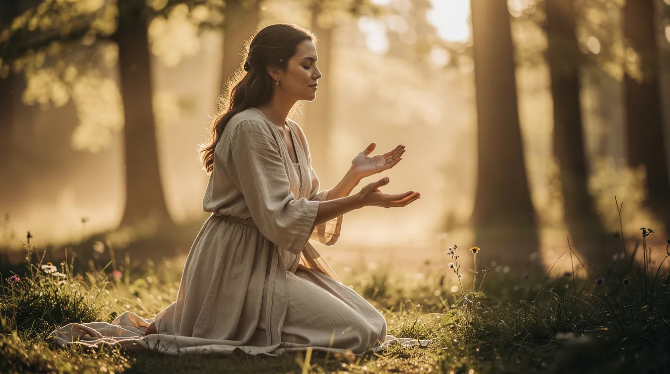 A woman kneels in prayer with her hands outstretched, enveloped in a soft golden light in an outdoor setting, symbolizing her relationship with God and the hope found in faith. This serene moment reflects the love and mercy of Jesus Christ, as she seeks peace and guidance amidst life's challenges.