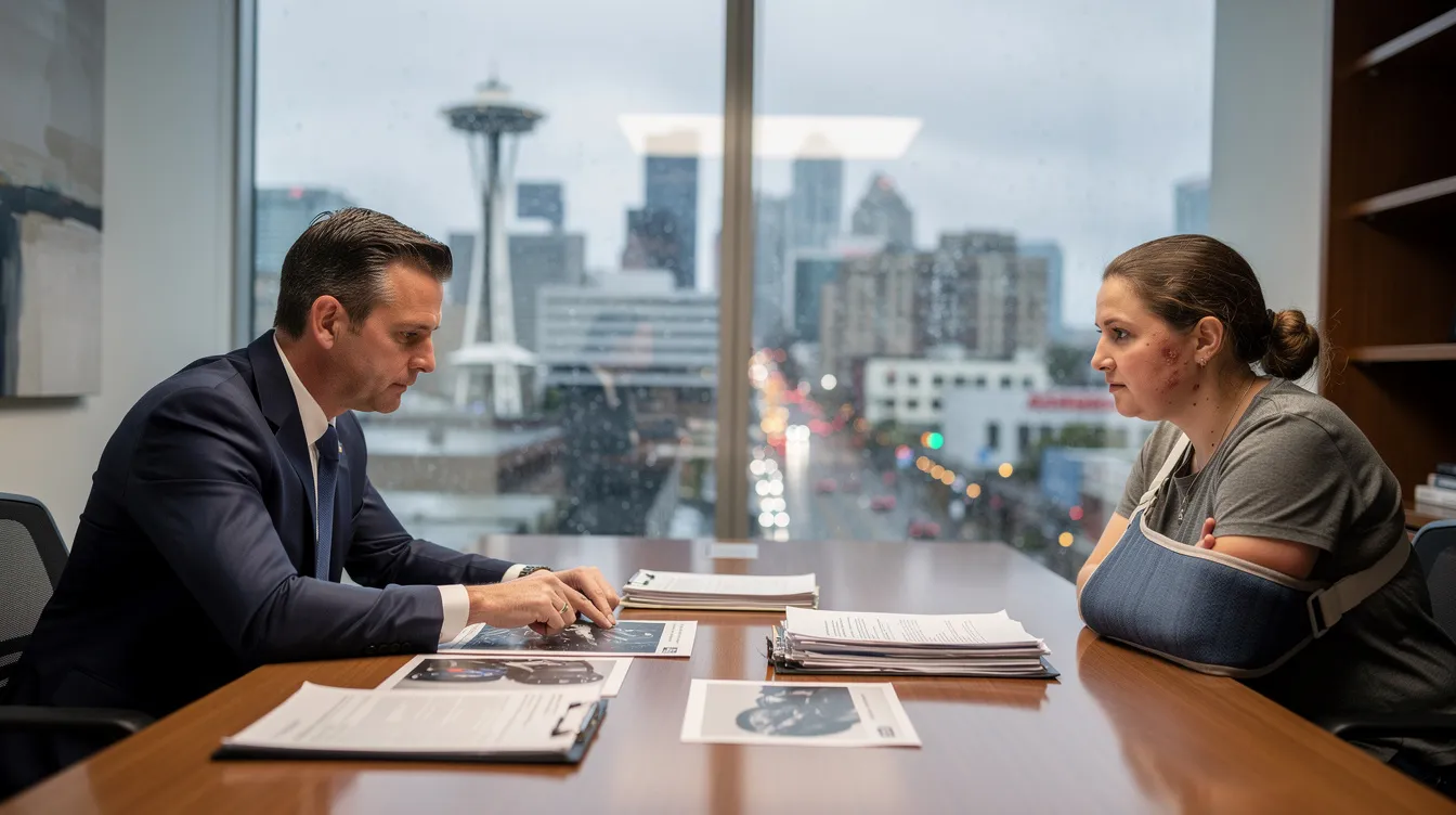 An ultra-realistic editorial photograph captures a personal injury lawyer engaged in an empathetic conversation with a car accident victim in a modern Seattle law office. The scene features the lawyer reviewing accident photos and medical records at a conference table, with a view of the rainy Seattle skyline through a large window, highlighting the professional environment and the importance of personal injury law in navigating insurance claims.