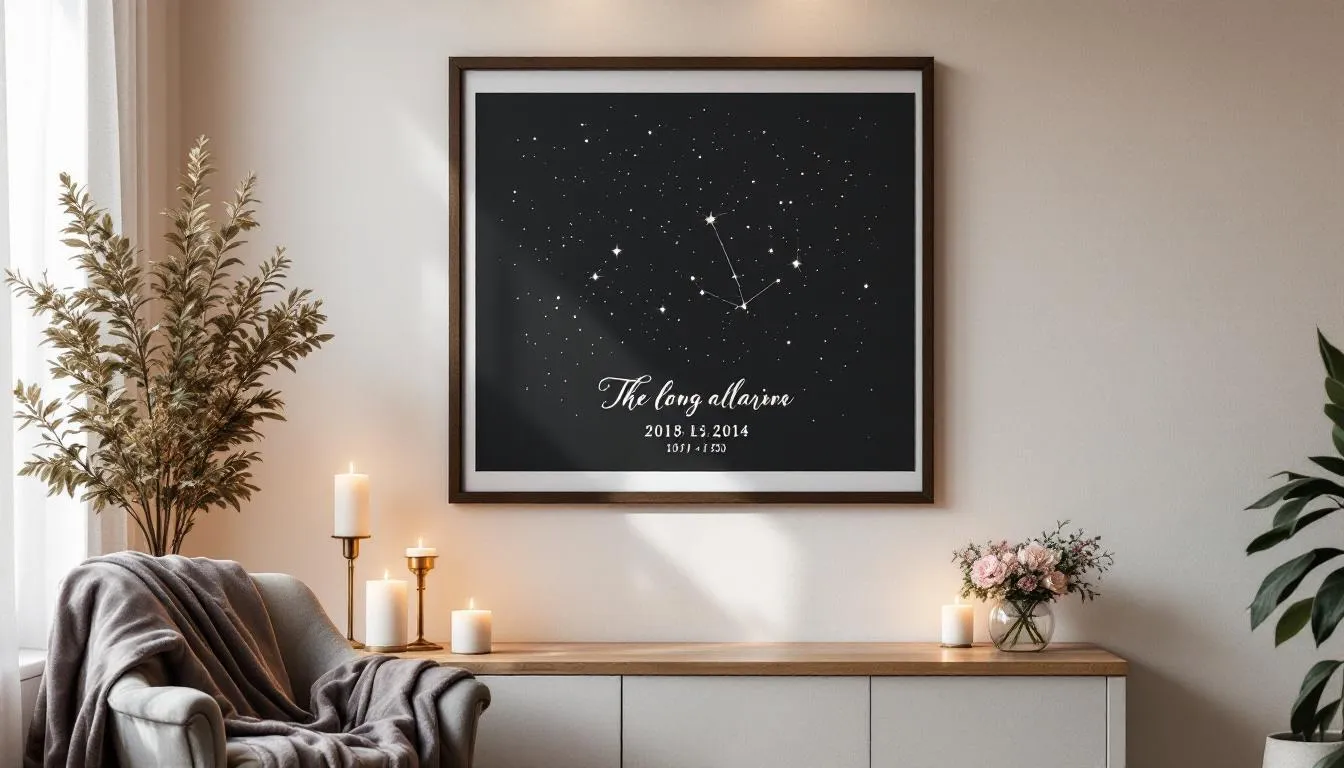 A modern living room features a beautifully framed star map that highlights a couple's wedding date and coordinates, surrounded by soft ambient lighting and romantic decor, creating a heartfelt keepsake that tells their unique love story. This personalized wedding gift serves as a constant reminder of their special day and cherished moments together.
