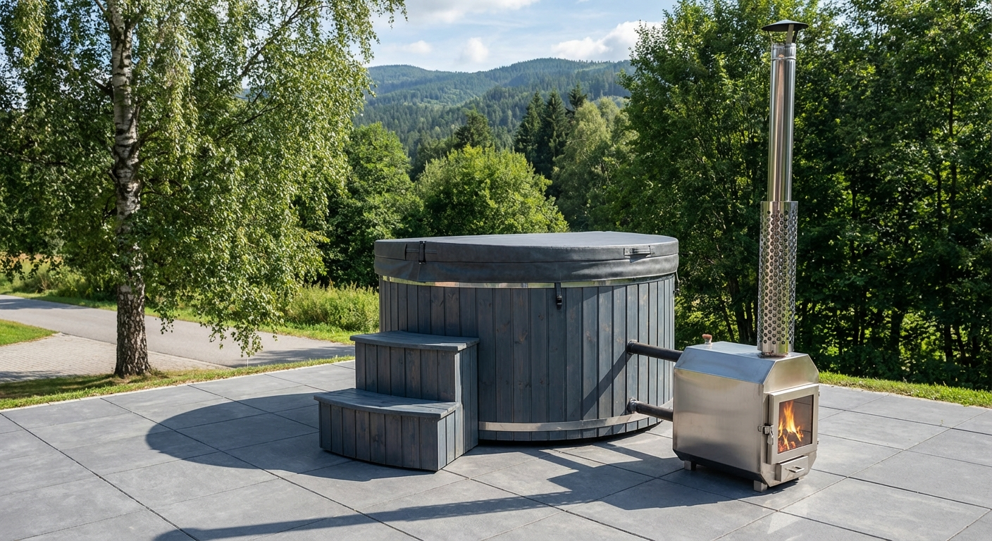 Balia z wkładem z włókna szklanego i zewnętrzny piec opalany drewnem.