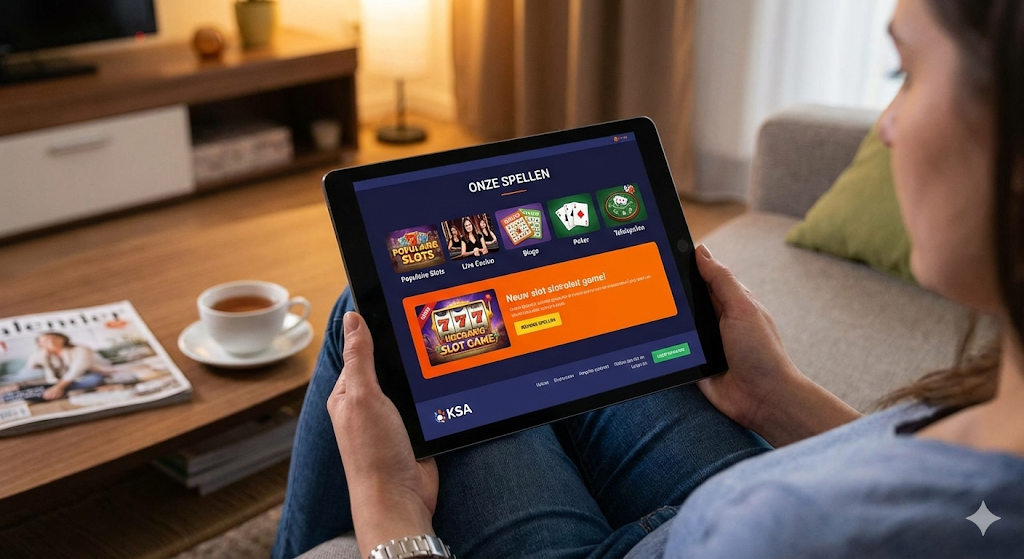 Speler gebruikt tablet voor legaal online casino Nederland met Nederlandse vergunning van de Nederlandse Kansspelautoriteit, overzicht van online casinospellen zoals online slots, live casino spellen en tafelspellen, eerlijk spel via random number generator, CRUKS-aansluiting en verantwoord spelen volgens de Wet kansspelen als bescherming tegen illegale casino’s en illegale goksites op de Nederlandse markt