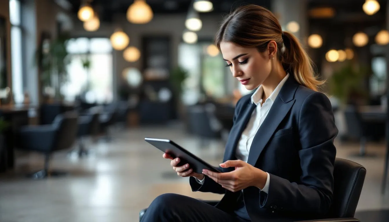 Una estilista está consultando una tablet que muestra información automática del cliente, facilitando la gestión de citas y servicios en el salón de belleza. Esta herramienta de automatización de marketing para salones mejora la experiencia del cliente y optimiza las operaciones del negocio.
