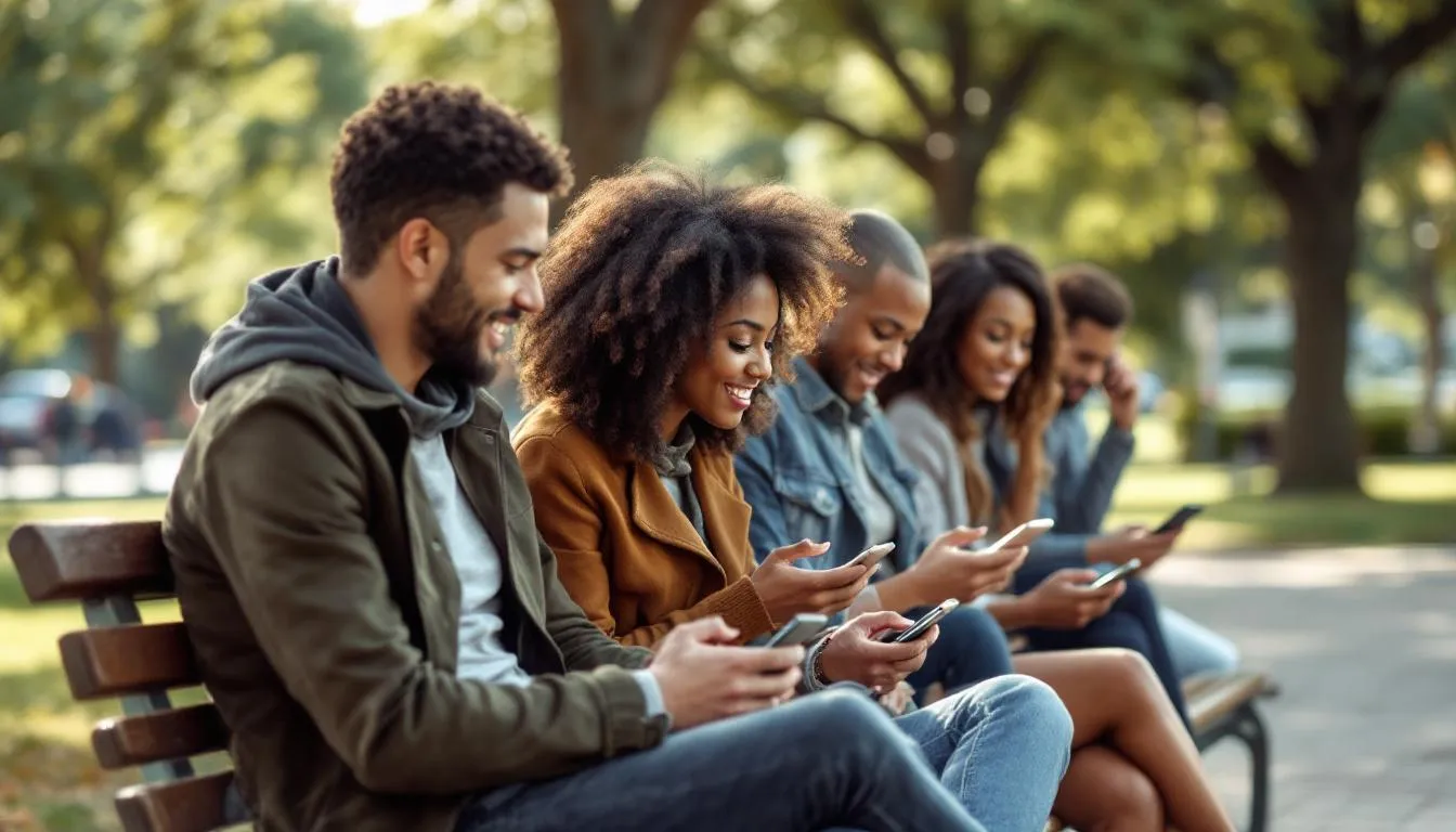 The image depicts several people engaged in conversations on their phones, some smiling while others appear focused and thoughtful. This scene represents the importance of reaching out for support during life's challenges, whether it's through online chat or talking to trained volunteer listeners for mental health struggles.